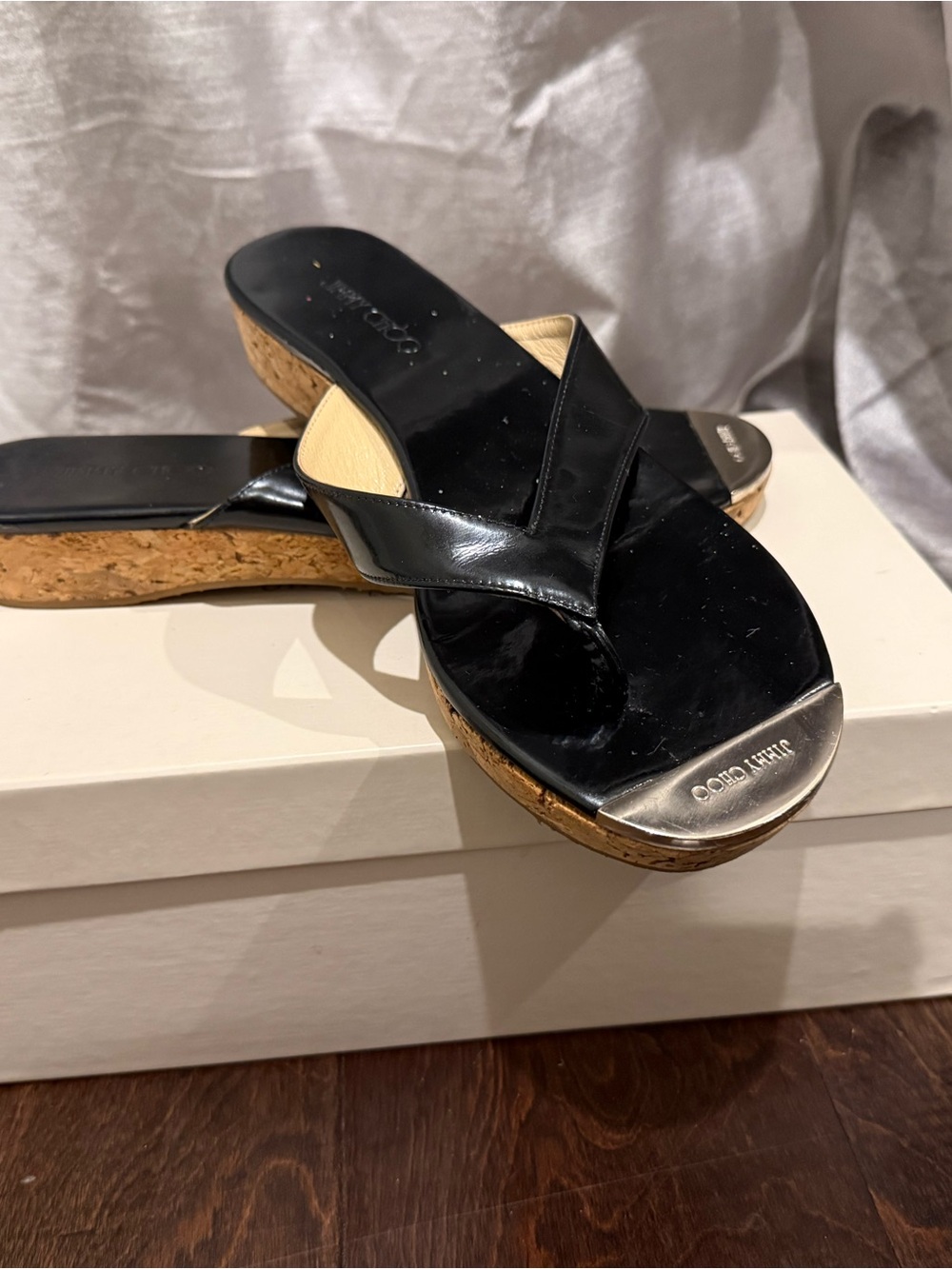 Jimmy Choo Black Patent Cork Wedge Thong Sandals
